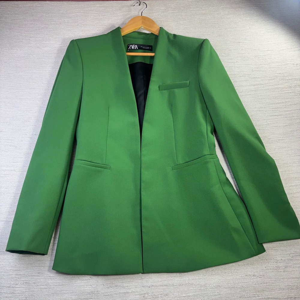Zara Womens Green Collarless Open Front Blazer Jacket Size M Pocketed Structured